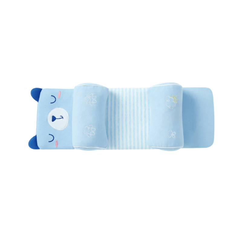 Blue cartoon character baby head shaping pillow on a white background