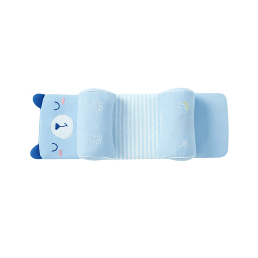 Blue cartoon character baby head shaping pillow on a white background