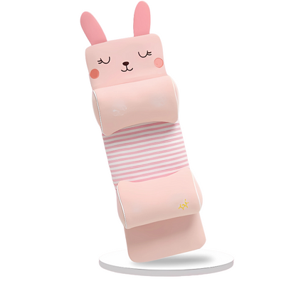 Pink cartoon character Baby head shaper pillow with bunny ears on a white background