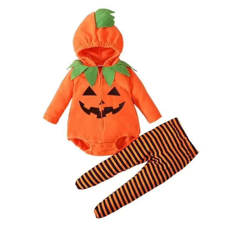 Pumpkin-themed baby outfit with orange hoodie and green leaves, black and orange striped leggings on a white background.