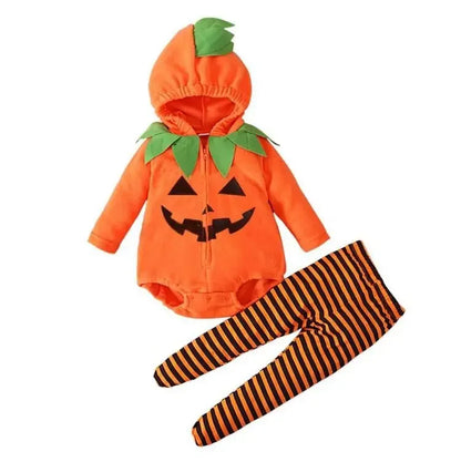 Pumpkin-themed baby outfit with orange hoodie and green leaves, black and orange striped leggings on a white background.