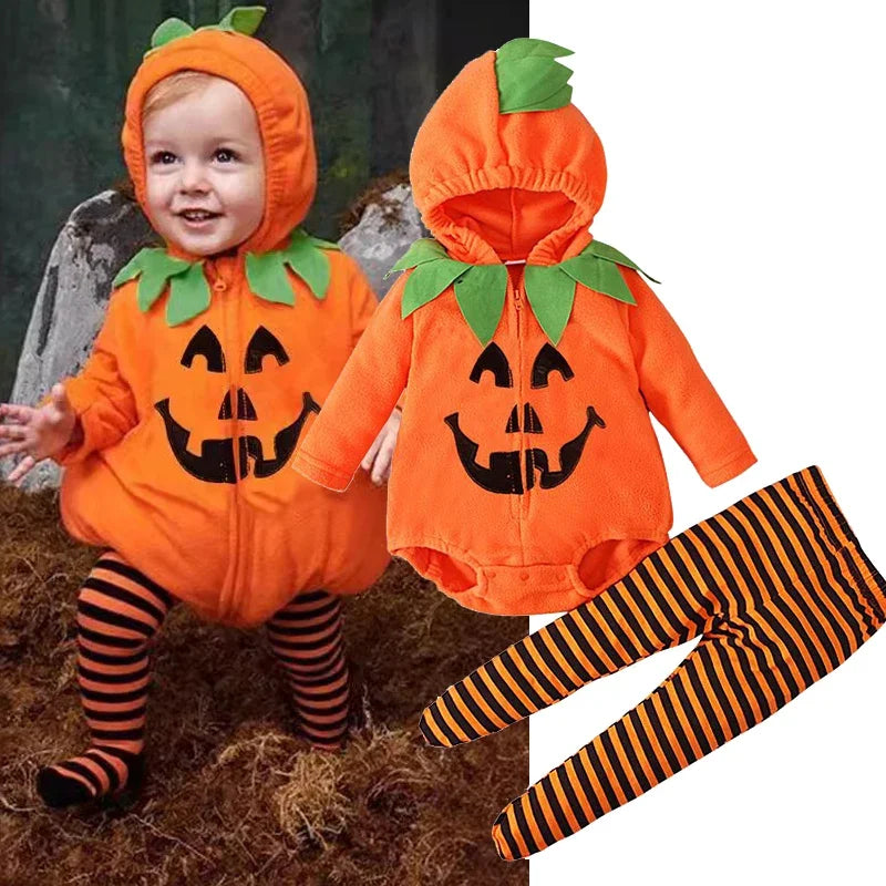 Baby in a Halloween pumpkin costume with striped leggings, shown both on a child and as a product image.