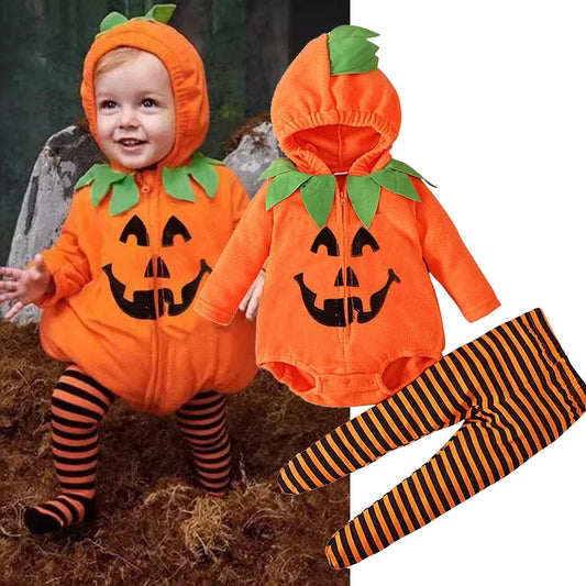 Baby in a Halloween pumpkin costume with striped leggings, shown both on a child and as a product image.