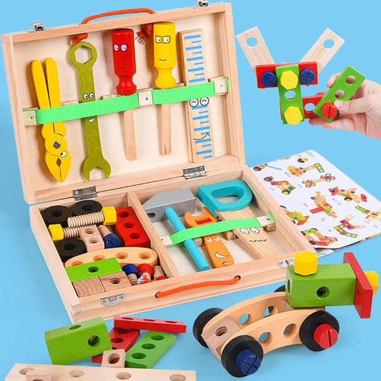 Wooden toy tool set with tools and accessories on a blue background
