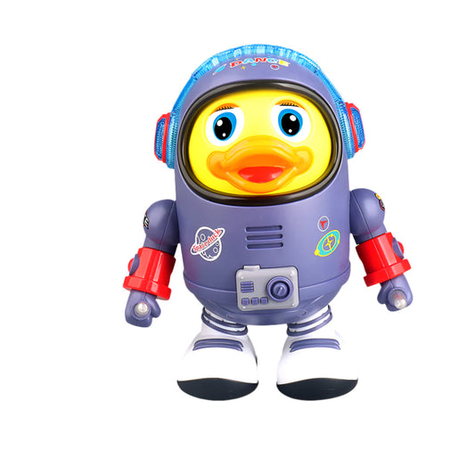 Toy duck in an astronaut suit with dimensions on a white background