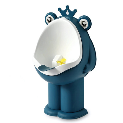 Side view of a Dark Blue frog potty urinal displaying curved bowl, splash guard, and removable inner cup for easy cleaning