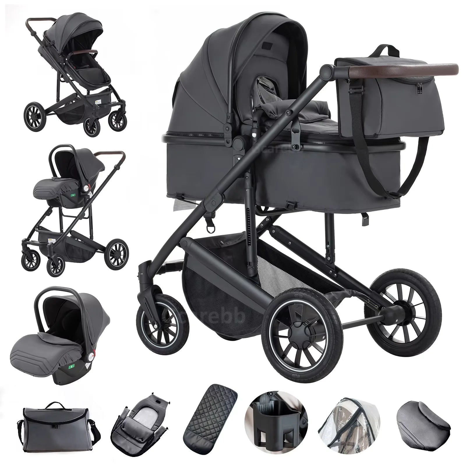 Collage of a Dark Gray baby stroller with various accessories on a white background