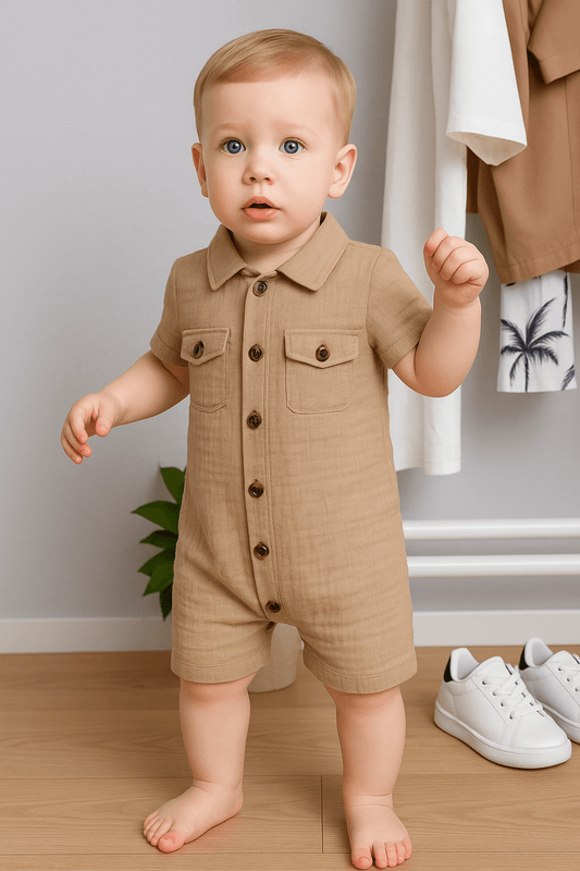 Baby wearing a beige romper standing on a wooden floor with white sneakers and a plant in the background.