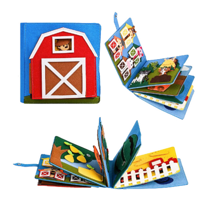 Children's farm-themed soft book on a white background