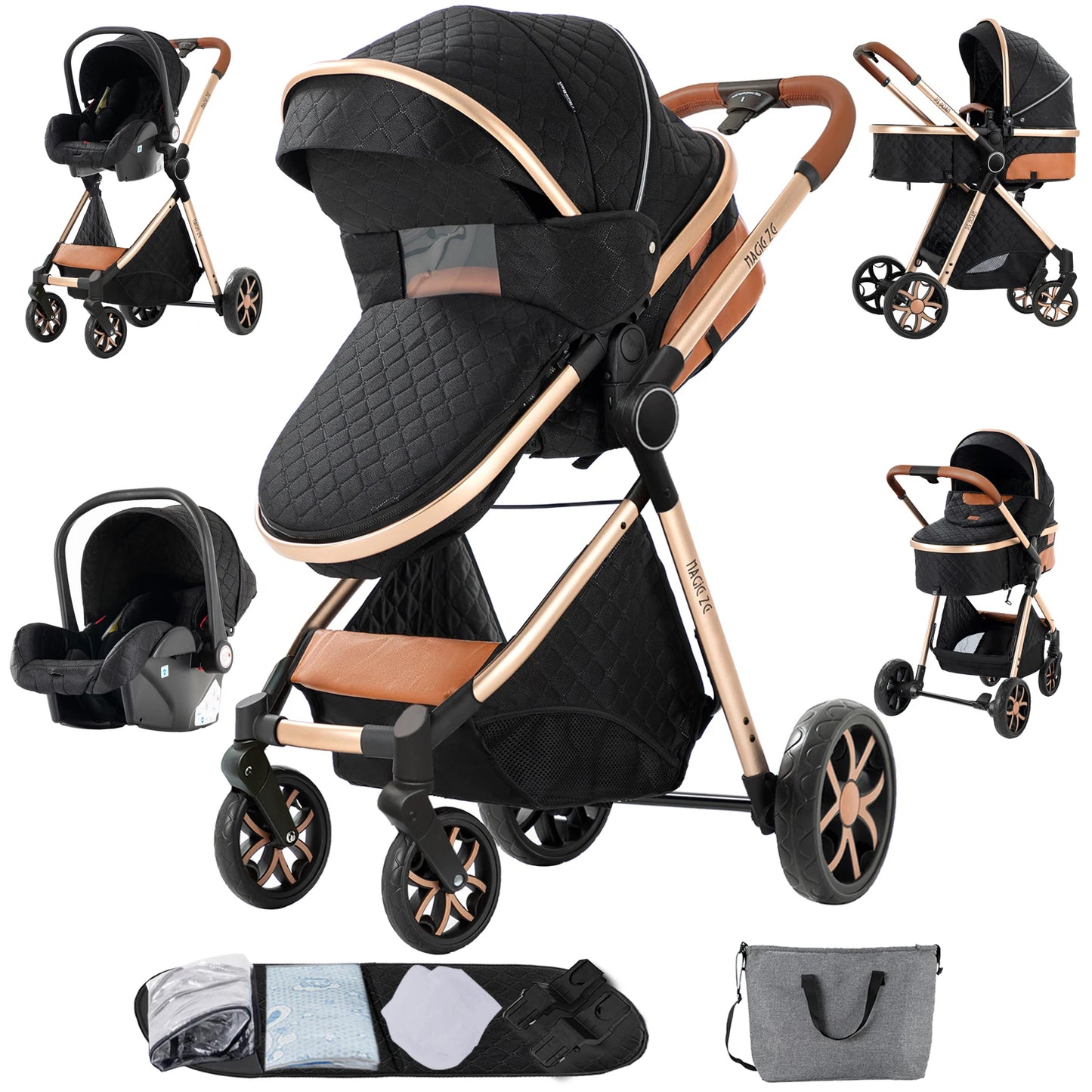 Black and rose gold baby stroller with car seat and accessories on a white background