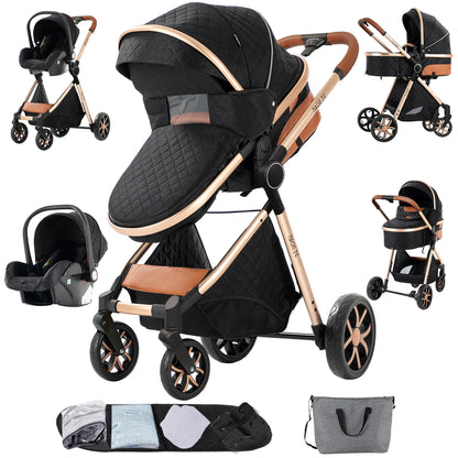 Black and rose gold baby stroller with car seat and accessories on a white background