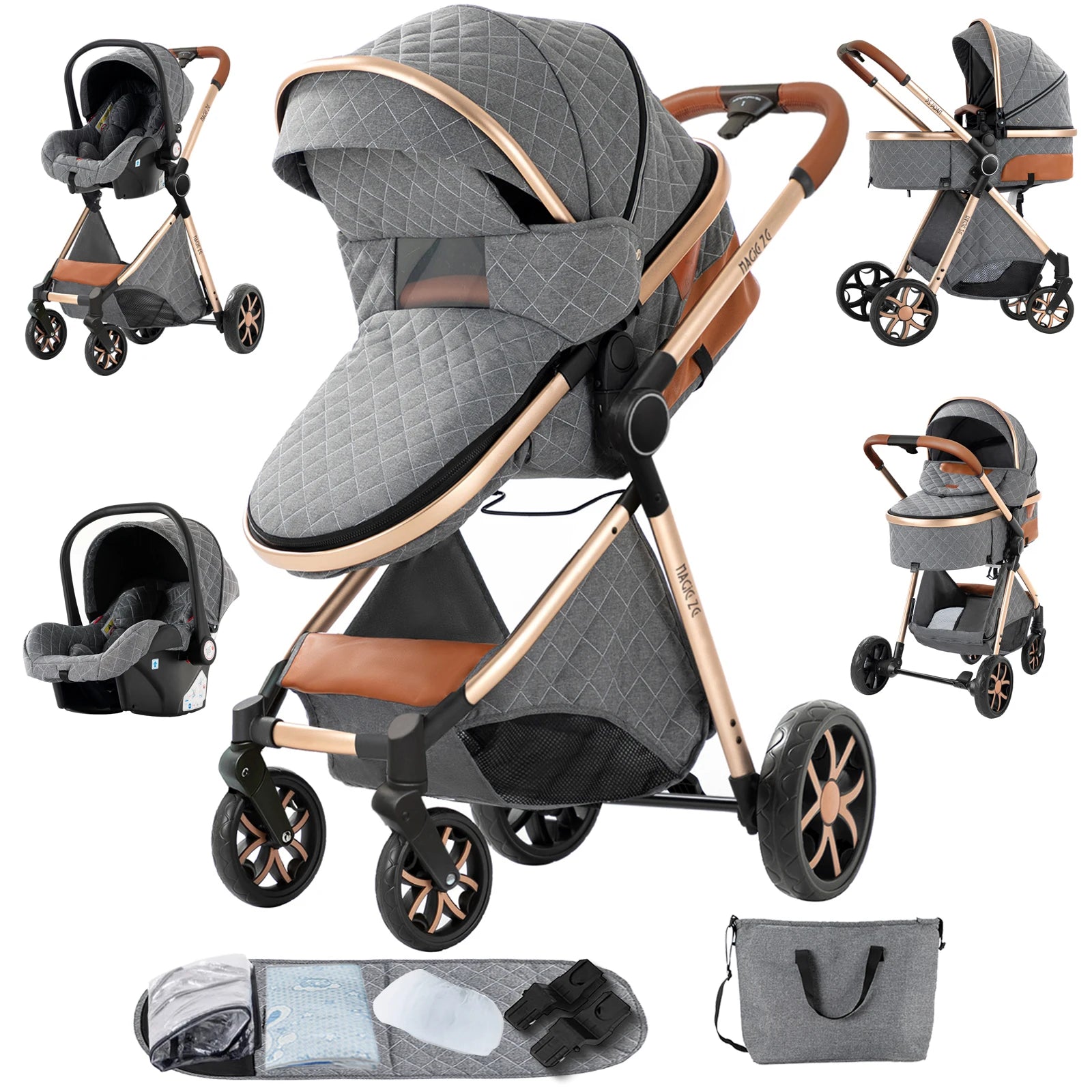 Gray and rose gold baby stroller with car seat and accessories on a white background