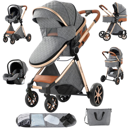 Gray and rose gold baby stroller with car seat and accessories on a white background