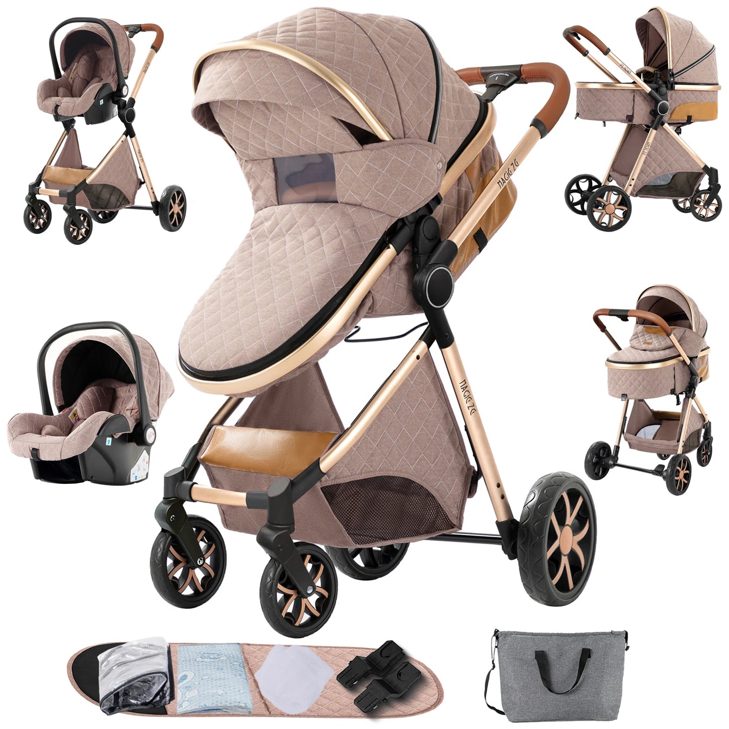 Collage of a beige baby stroller with car seat, bag, and accessories on a white background