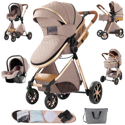Collage of a beige baby stroller with car seat, bag, and accessories on a white background