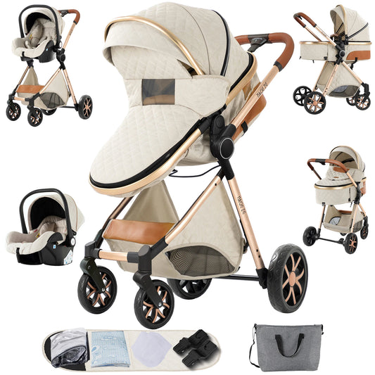Beige and rose gold baby stroller with car seat and accessories on a white background
