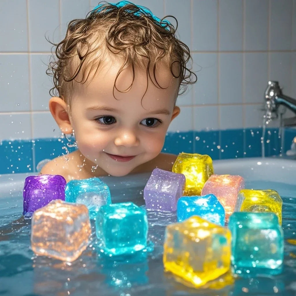 Child playing with colorful ice cubes in a bathtub
