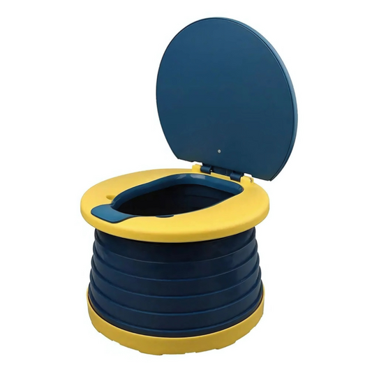Blue and yellow collapsible toilet seat on a white background