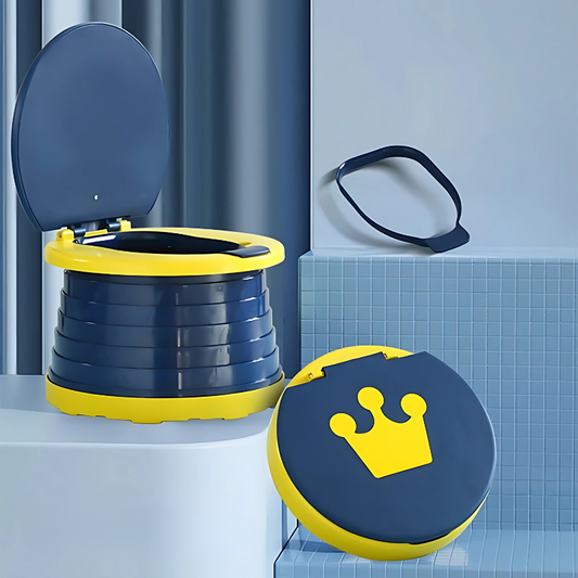 Blue GoPotti On-the-Go potty with the top lid open, showcasing cover top design