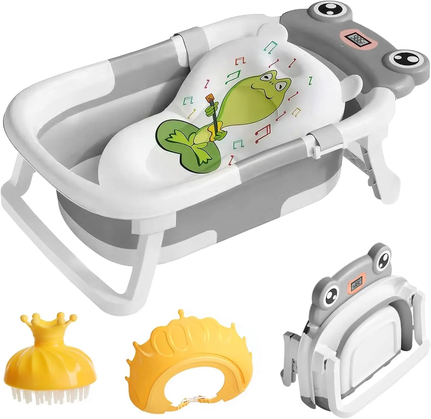 Baby bath seat with frog design, shampoo brush, and crown on a white background
