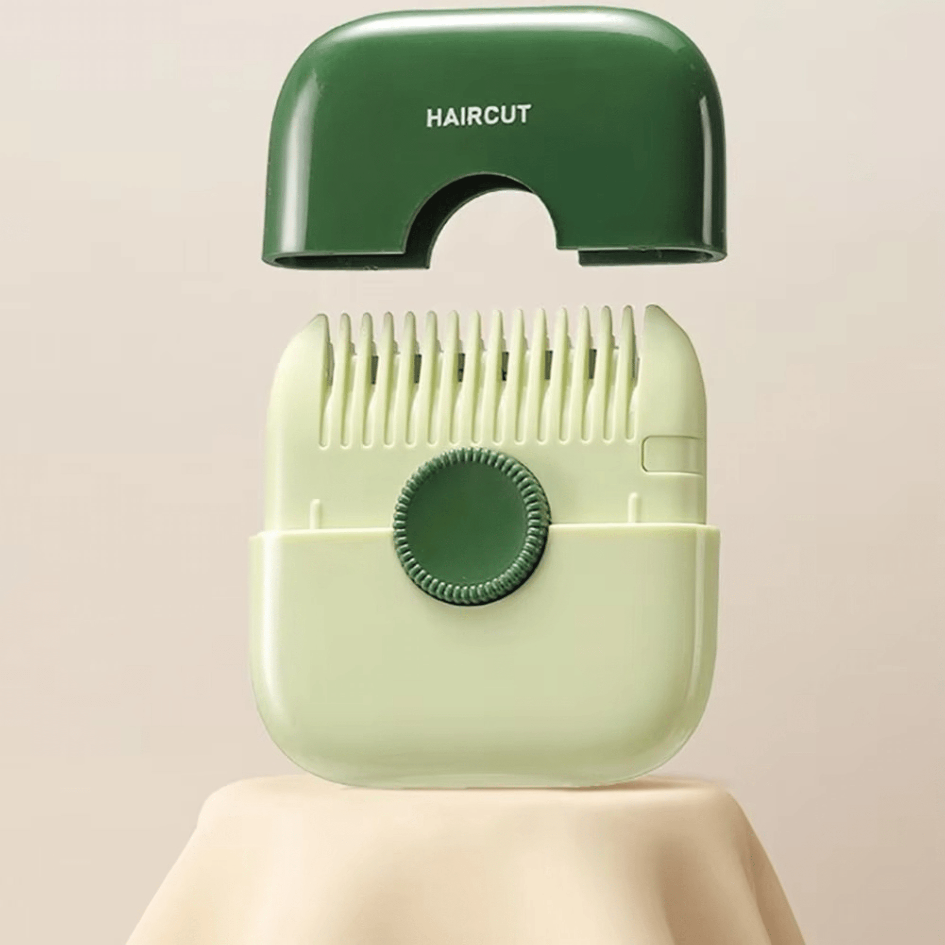 Green and beige hair trimmer on a beige background