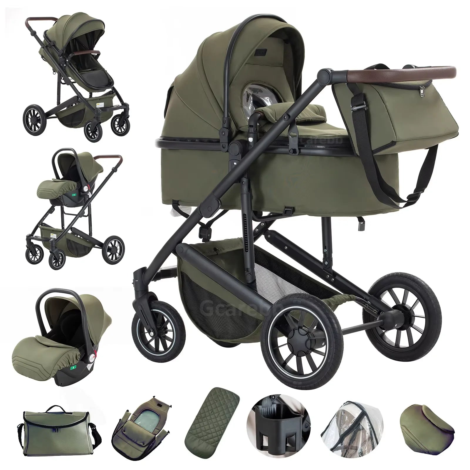 Green baby stroller with car seat and accessories on a white background