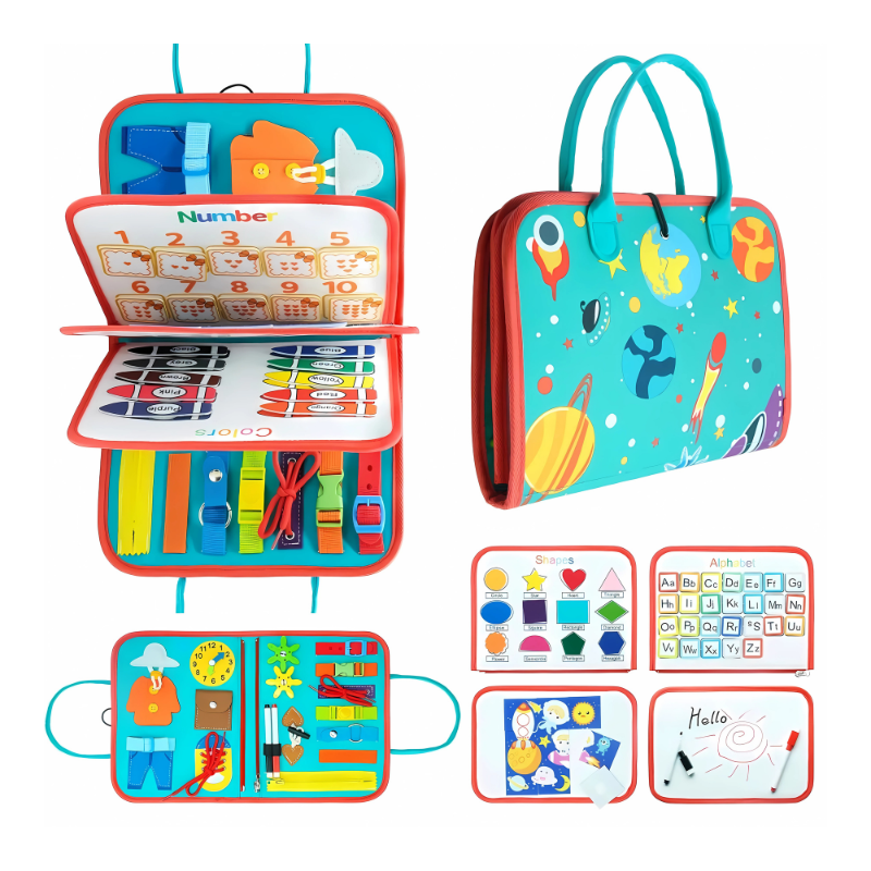 Colorful educational toy set with various compartments and illustrations on a white background