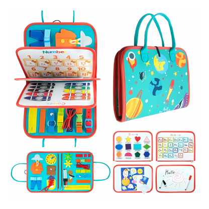 Colorful educational toy set with various compartments and illustrations on a white background