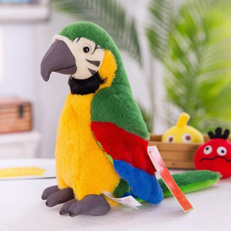 Colorful plush parrot toy on a white surface with a blurred background