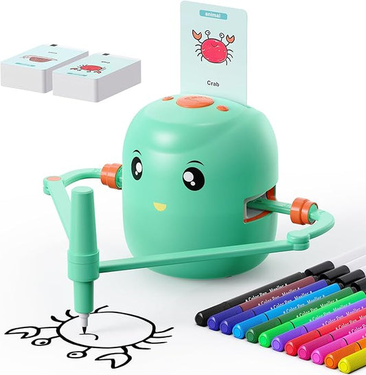 Green Drawing robot toy on a white background