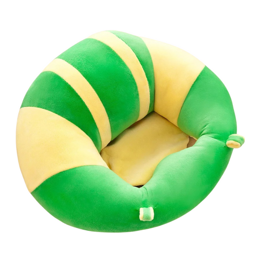 Green and yellow striped baby floor plush seat shaped like a caterpillar on a white background