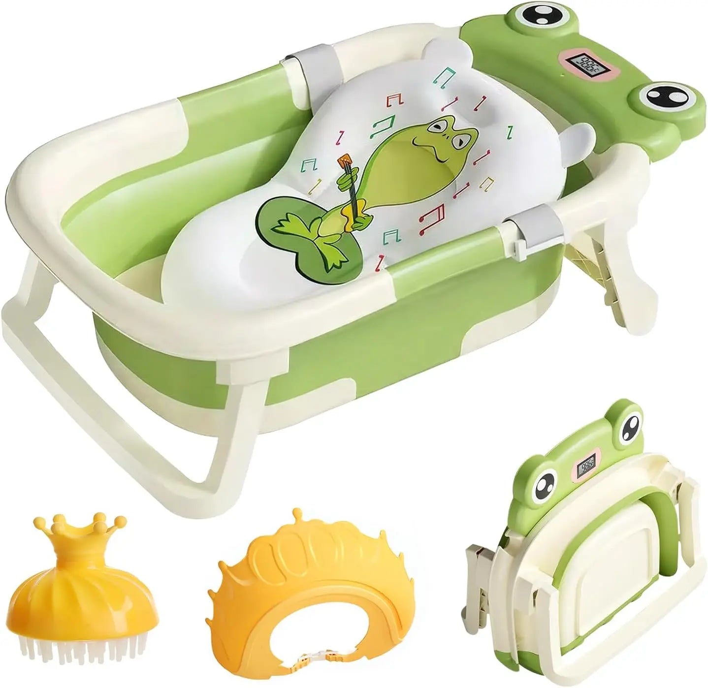 Baby bathtub with frog design and accessories on a white background