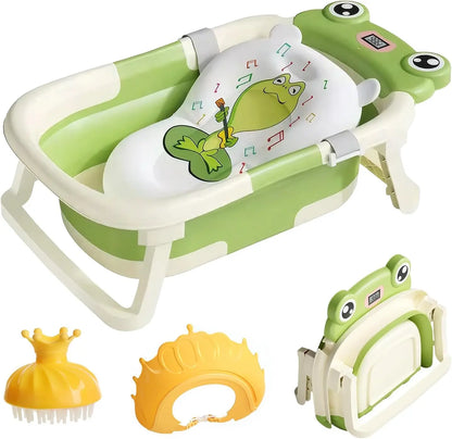 Baby bathtub with frog design and accessories on a white background