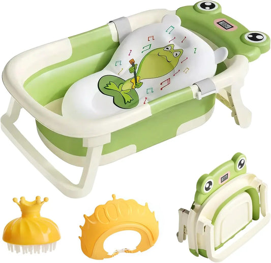 Baby bathtub with frog design and accessories on a white background
