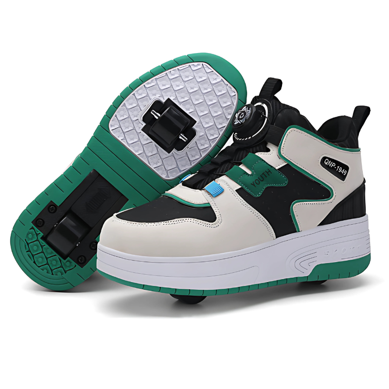 Green and white sneakers with wheels on a white background