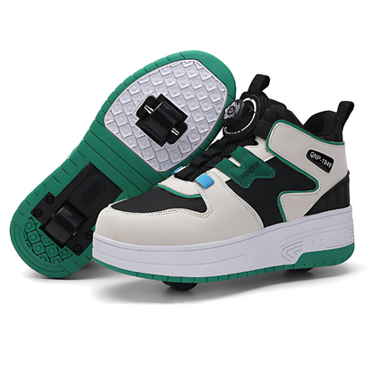 Green and white sneakers with wheels on a white background