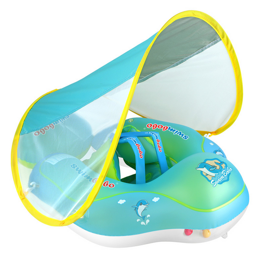 Kids swimming aid in green shown from above, laid flat to reveal inner seat and safety straps on a white background