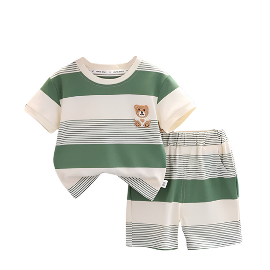 Children's green and beige striped shirt and shorts set on a hanger against a white background.