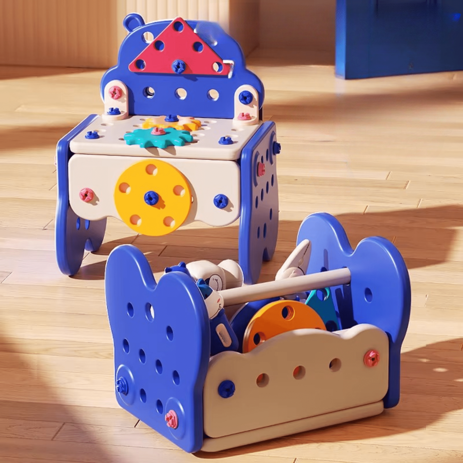 Colorful children's educational toy with gears on a wooden floor