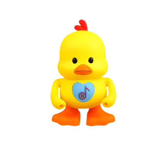 Yellow toy duck with a heart and musical note design on a white background.