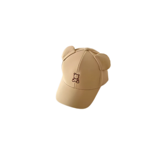 khaki colored teddy bear hat for kids on a white background