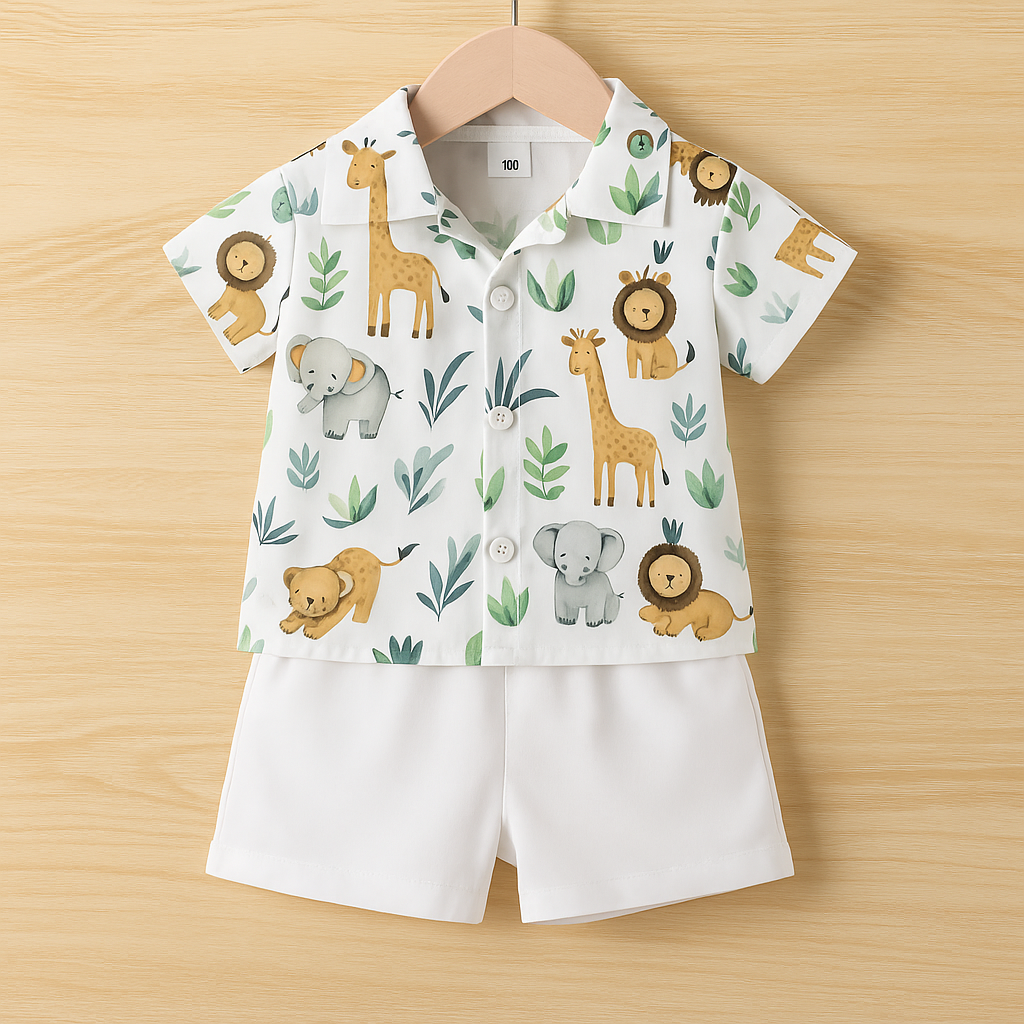 Children's shirt and shorts set with animal prints on a wooden background