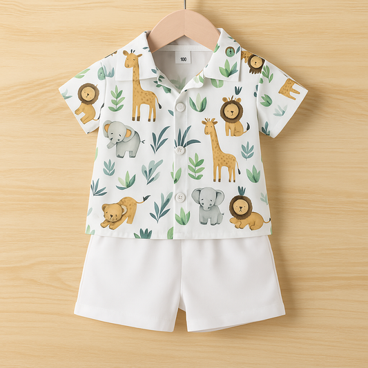 Children's shirt and shorts set with animal prints on a wooden background