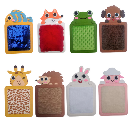 Set of animal-themed scratchers with different textures and colors on a white background