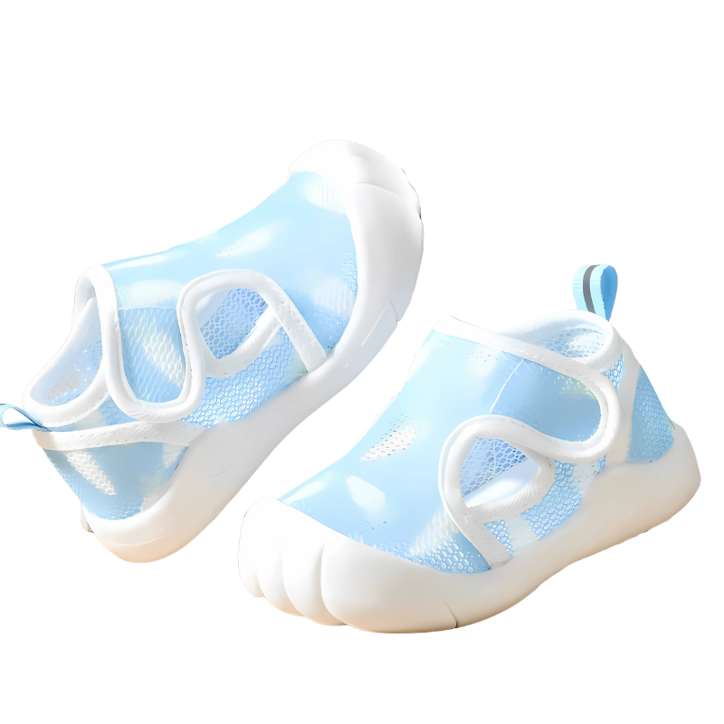 light blue mesh baby shoes on a white background