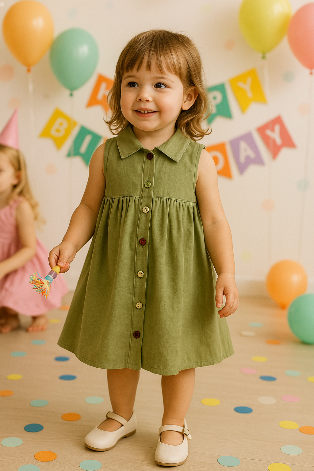 Child in a green dress standing in front of a 'Happy Birthday' banner with colorful balloons.