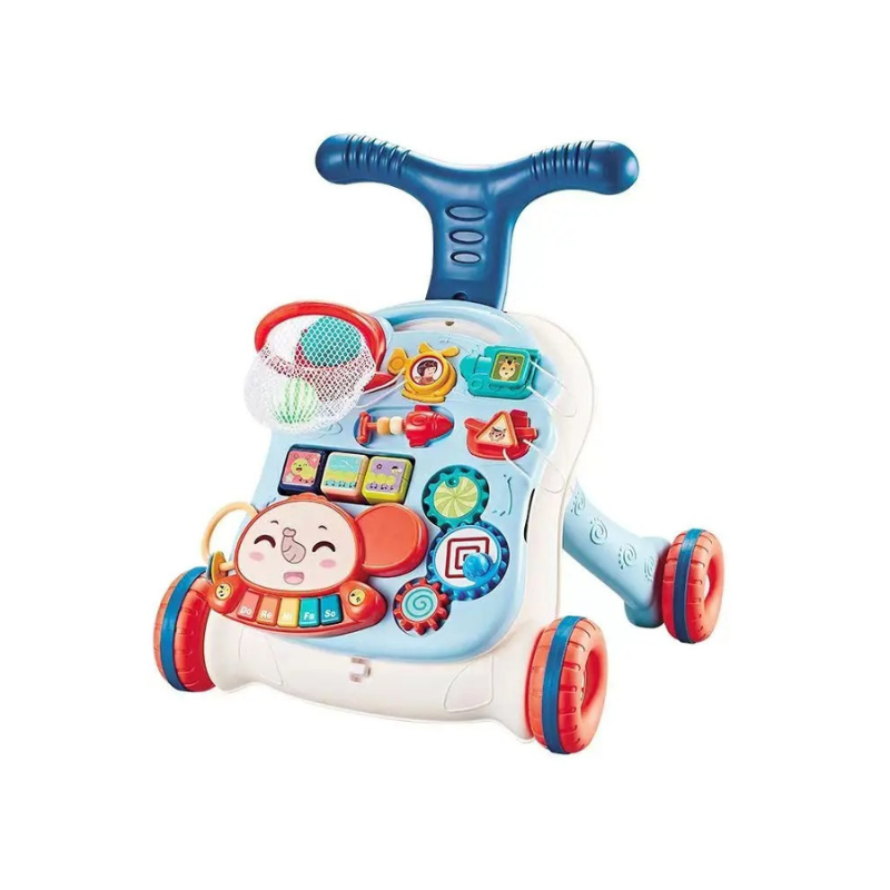 Children's toy with colorful buttons and a blue handle on a white background