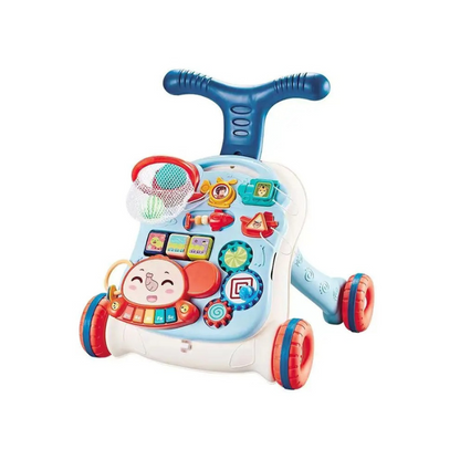 Children's toy with colorful buttons and a blue handle on a white background