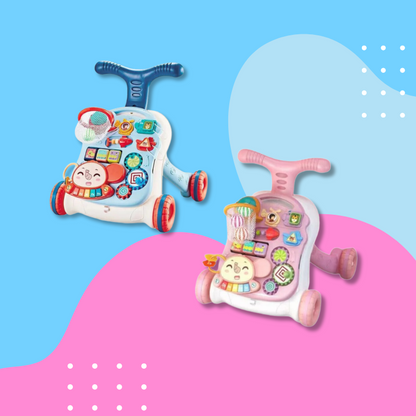 Two colorful children's LittleSteps - 3-in-1 Baby Walker and Activity Table on a pink and blue background