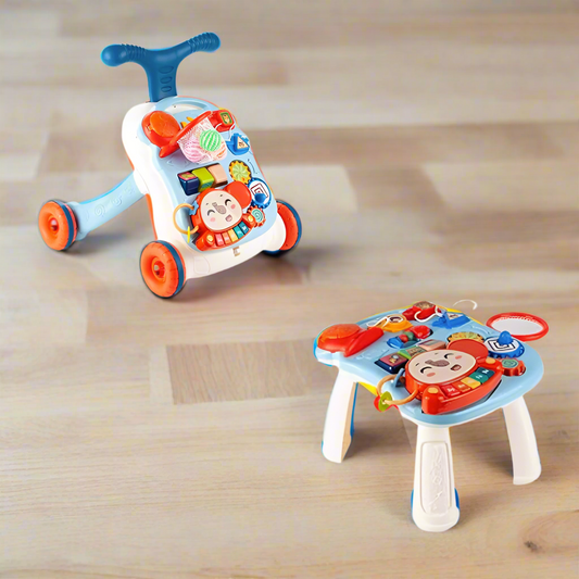 Children's toy set as a walker and as table on a wooden floor